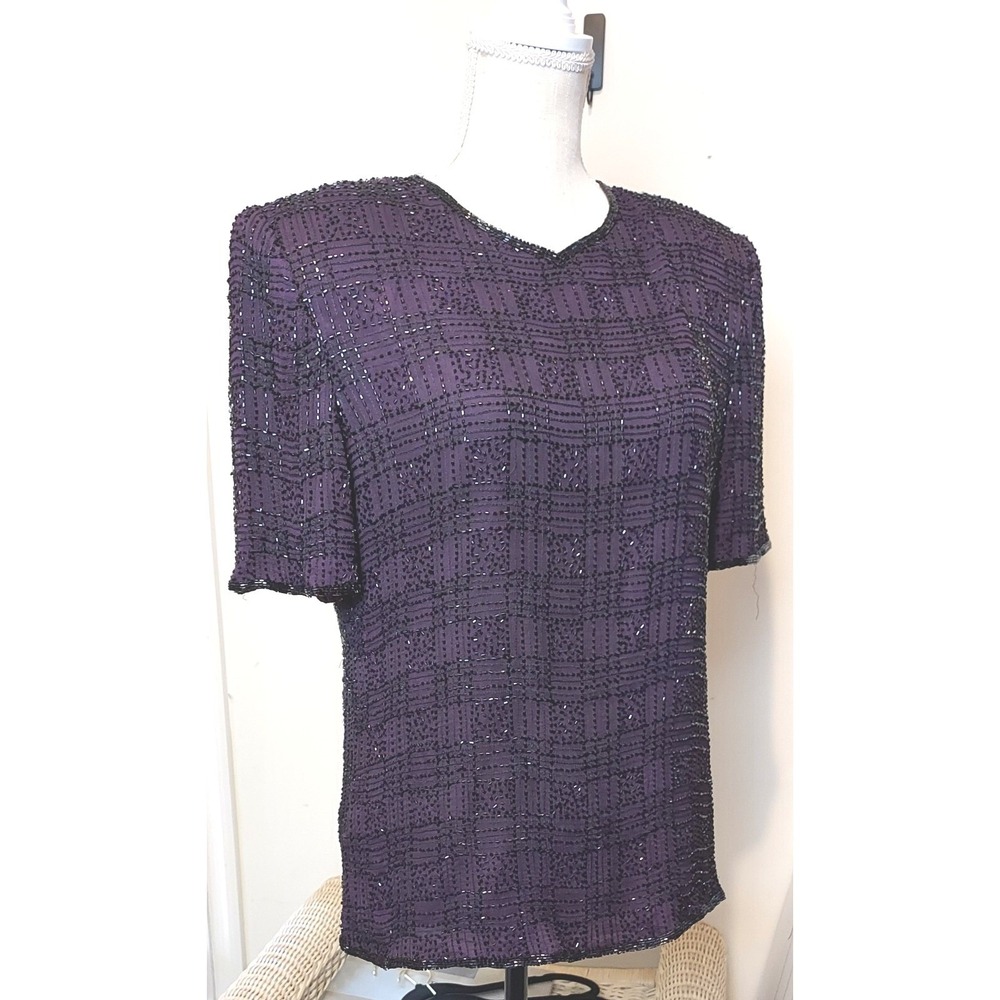 Camille Marie Beaded Silk Blouse Women Large Purple Vintage 90s Short Sleeve Top